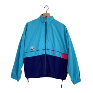 Vintage ASICS Women's Mesh Full Zip Teal Blue Windbreaker Jacket Size Medium 90s